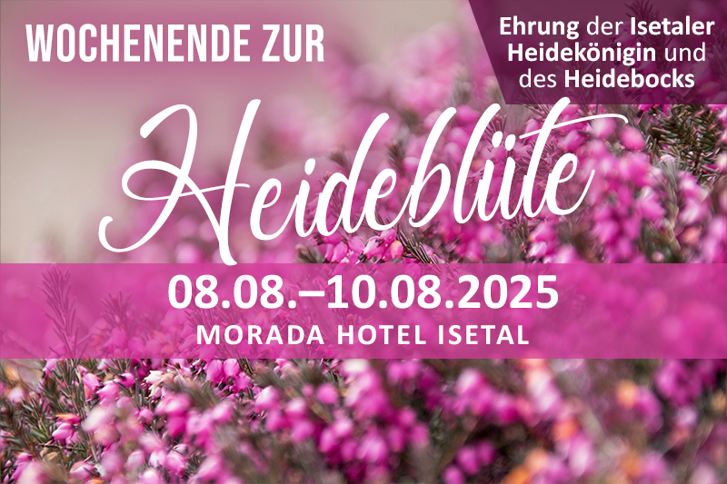 Werbung für ein Wochenende zur Heideblüte im Morada Hotel Isetal Gifhorn vom 09.08. bis 11.08.2024 mit Preis ab 166 Euro.