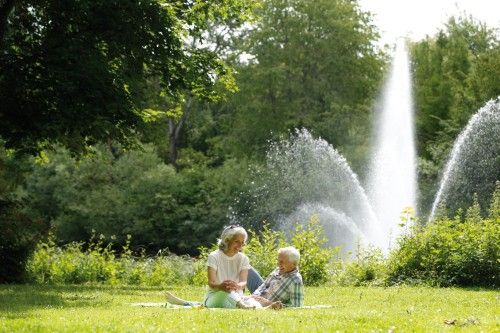 Älteres Paar sitzt lachend auf einer Picknickdecke im Park vor einem sprudelnden Brunnen.
